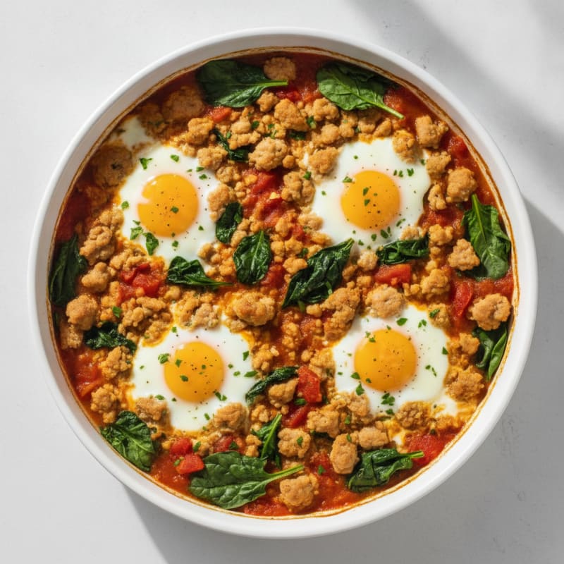 Baked Eggs with Savory Sausage Crumble