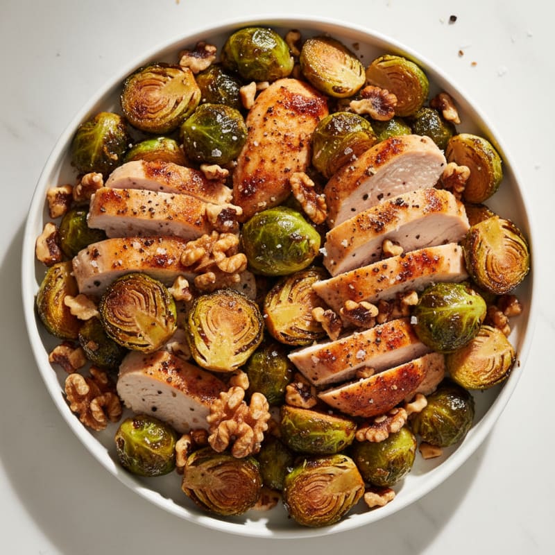 Caramelized Balsamic Brussels Sprouts with Toasted Walnuts and Roasted Chicken