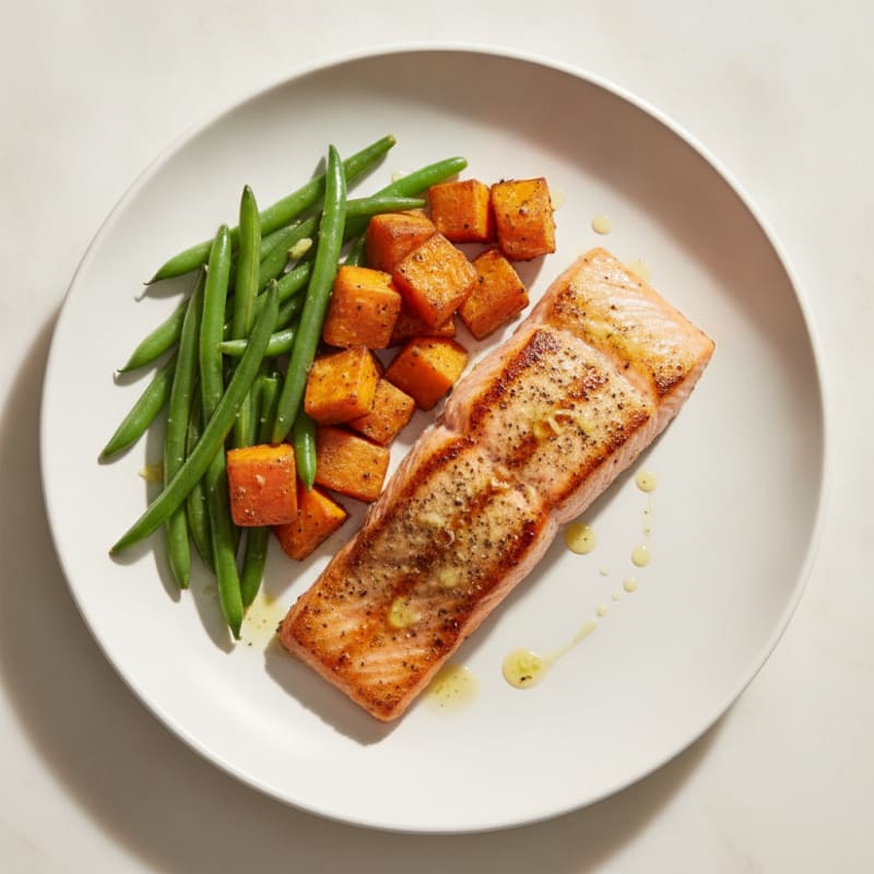 Seared Salmon Fillet with Roasted Sweet Potato and Green Beans
