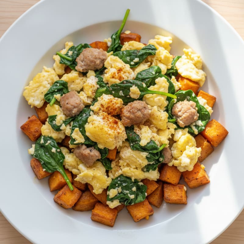Egg White and Turkey Sausage Scramble with Spinach and Roasted Sweet Potato
