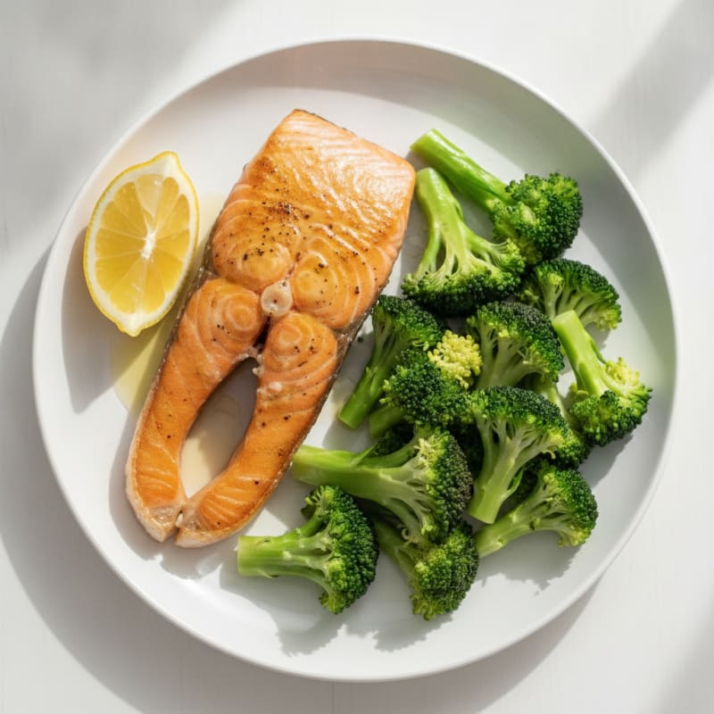 Seared Salmon with Steamed Broccoli and Lemon