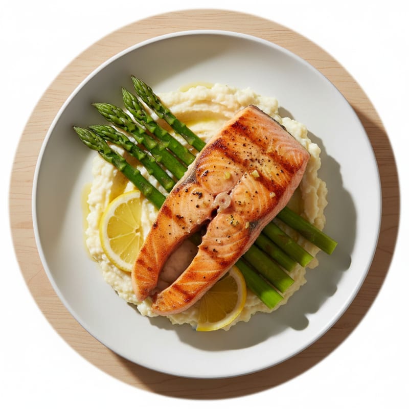 Seared Salmon Fillet with Steamed Asparagus and Cauliflower Mash