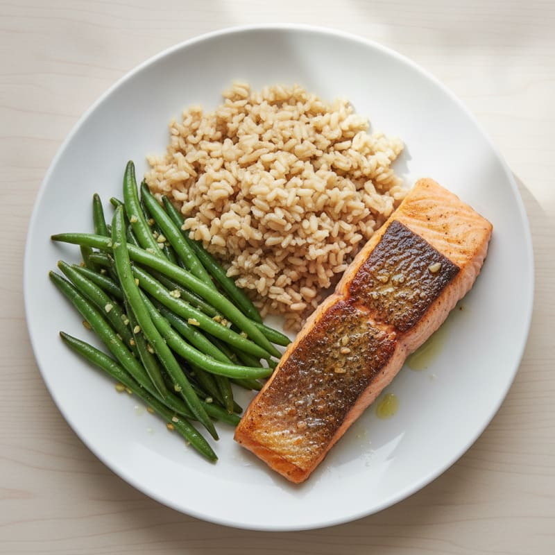 Seared Salmon with Garlic Green Beans and Brown Rice