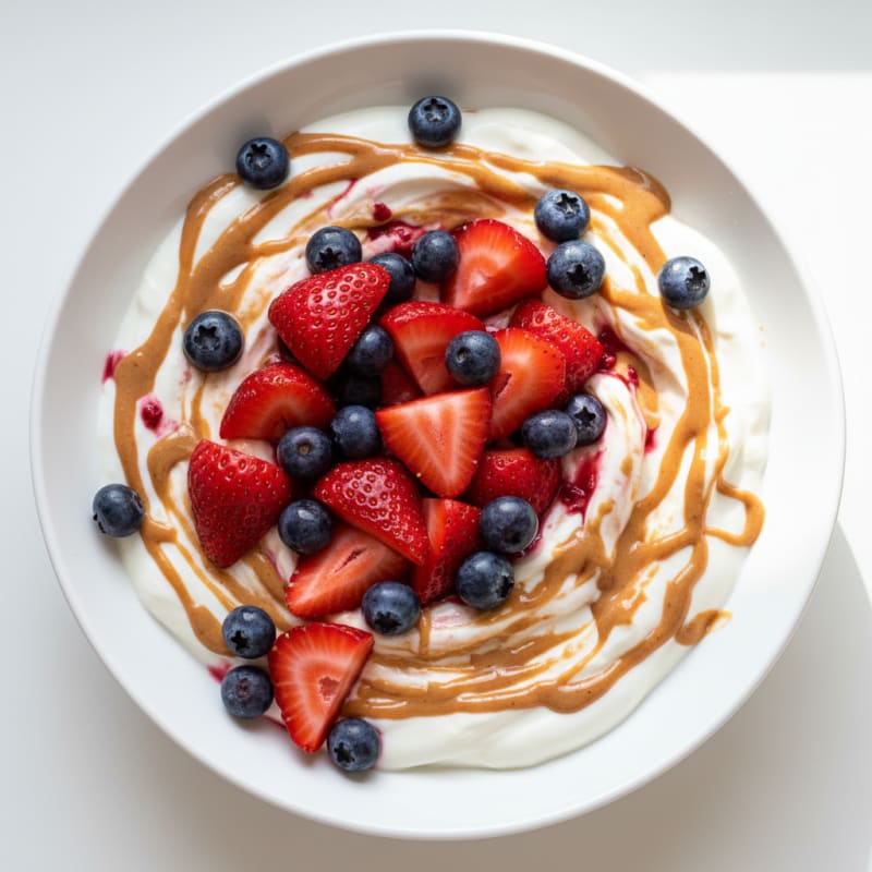Silky Greek Yogurt with Protein Powder, Almond Butter and Fresh Berries