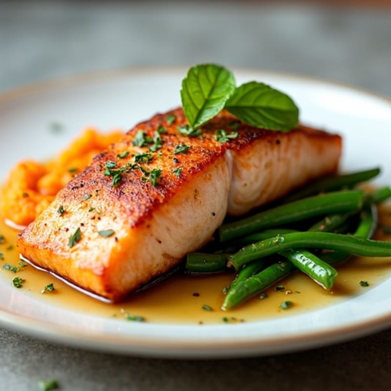 Seared Salmon with Garlic Green Beans and Sweet Potato Mash