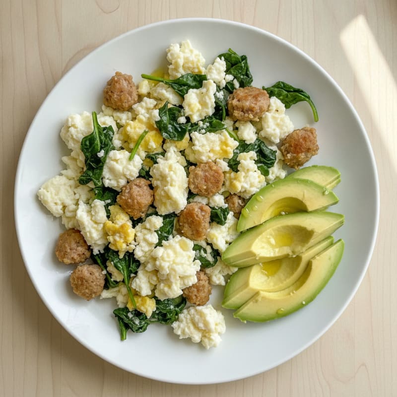 Egg White Scramble with Turkey Sausage and Sautéed Spinach