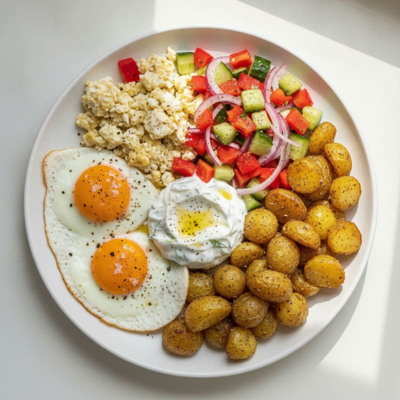 Mediterranean Eggs with Roasted Potatoes and Tzatziki