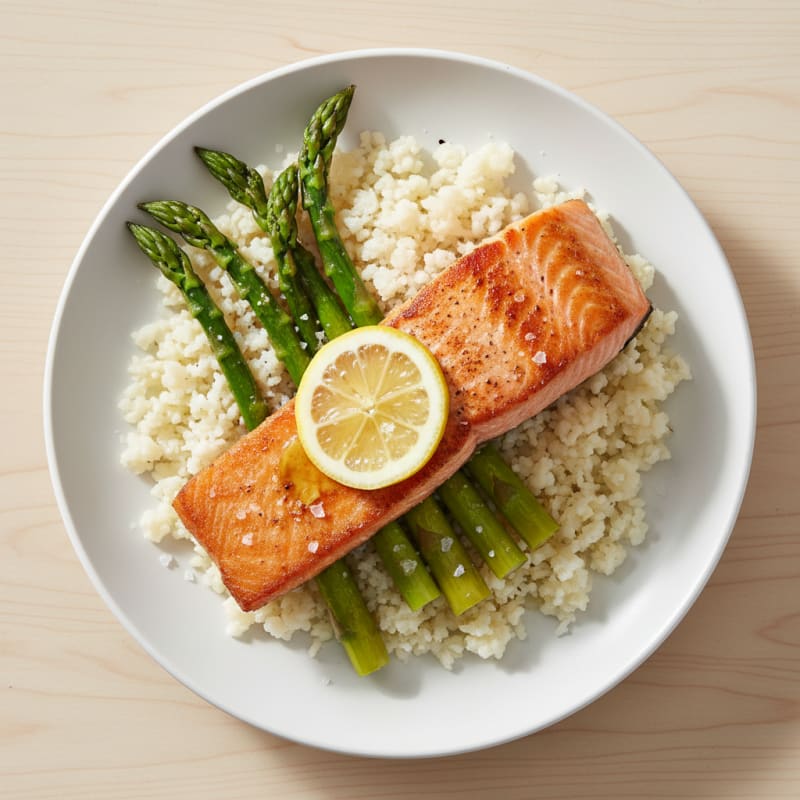 Seared Salmon with Roasted Asparagus and Cauliflower Rice