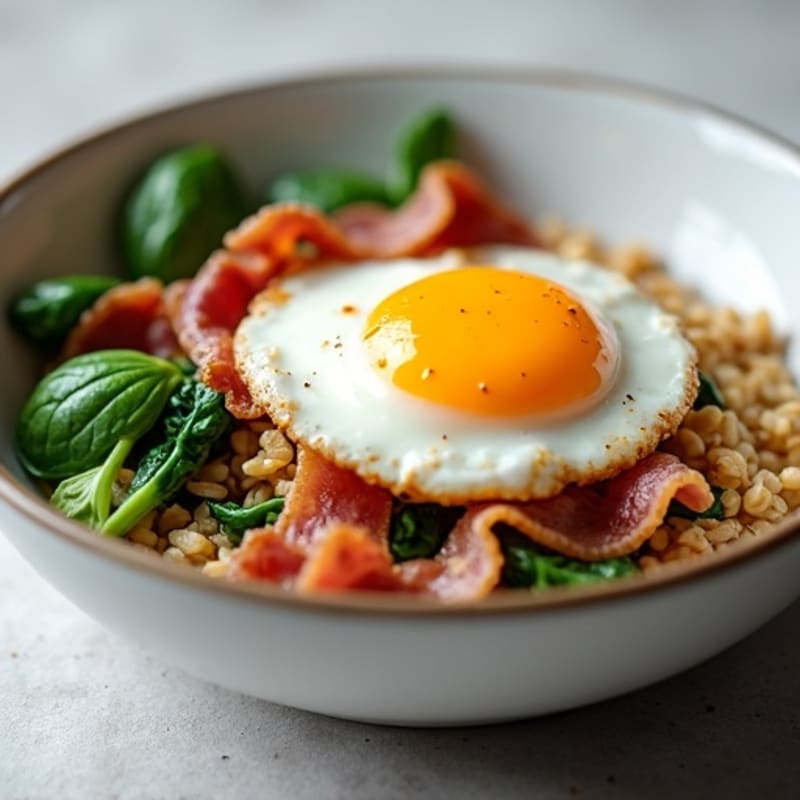 Savory Protein-Packed Oatmeal Bowl with Crispy Bacon and Soft-Poached Eggs