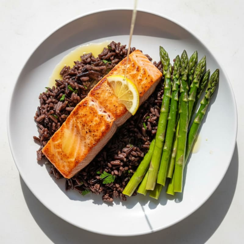 Seared Salmon with Steamed Asparagus and Wild Rice
