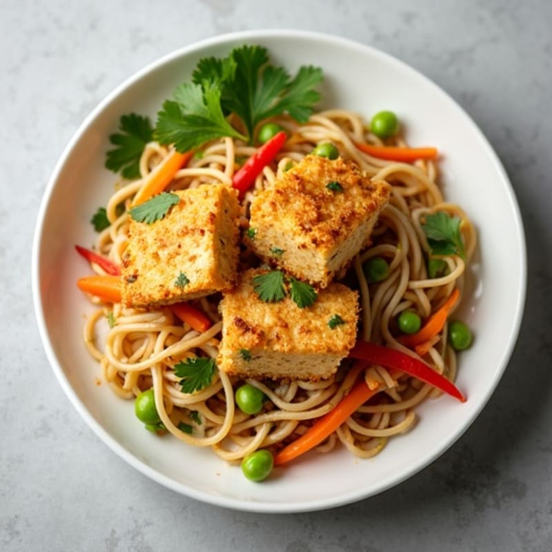 Creamy Thai Peanut Noodles with Crispy Tofu and Fresh Vegetables