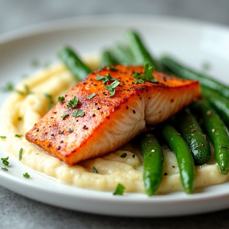 Seared Salmon with Garlic Green Beans and Cauliflower Mash