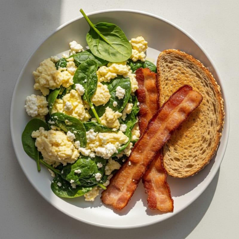 Cottage Cheese Egg Scramble with Spinach and Turkey Bacon