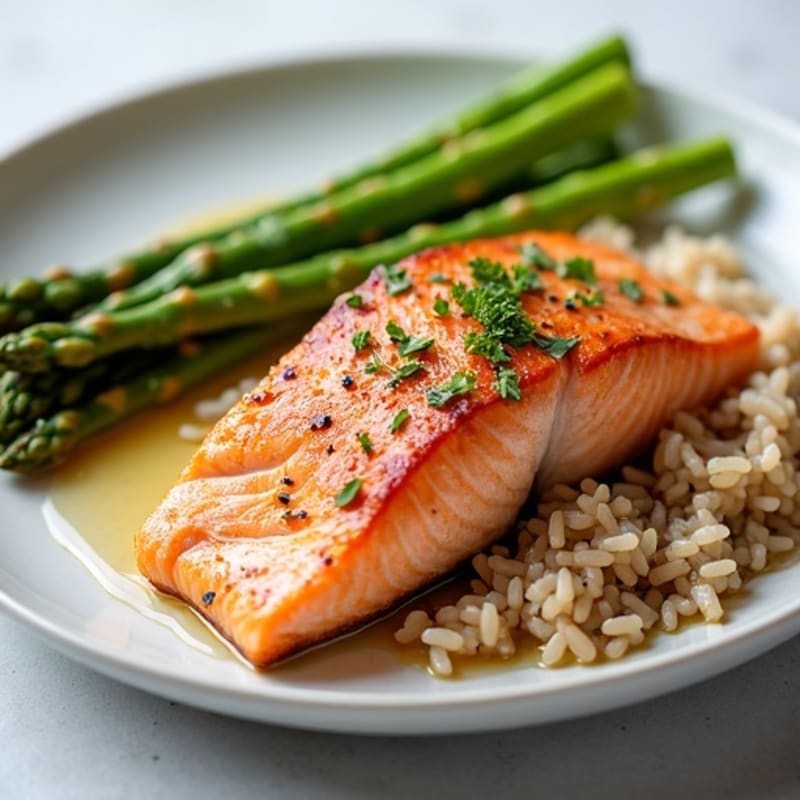 Seared Salmon with Steamed Asparagus and Wild Rice