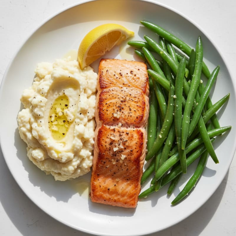 Seared Salmon Fillet with Steamed Green Beans and Garlic Mashed Cauliflower