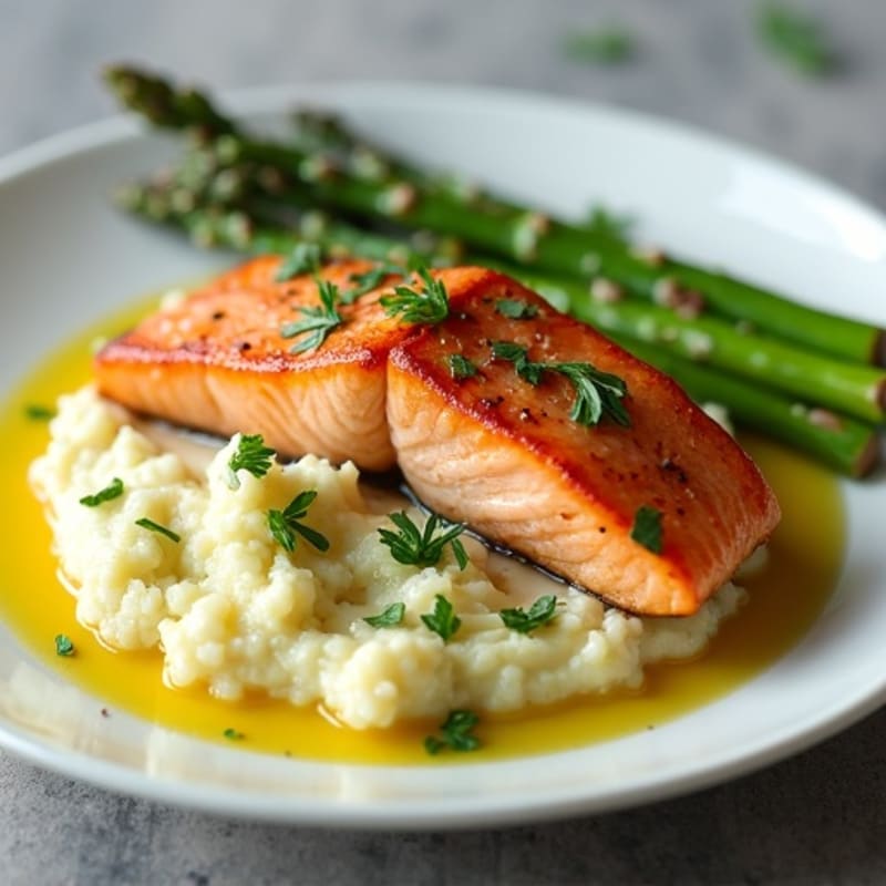 Seared Salmon with Steamed Asparagus and Garlic Cauliflower Mash