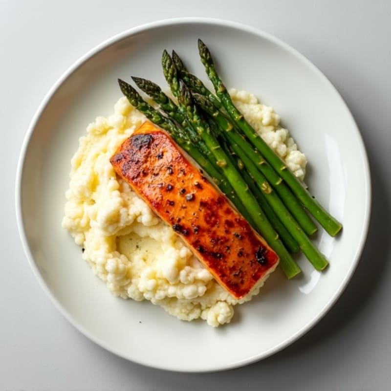Seared Salmon with Steamed Asparagus and Cauliflower Mash