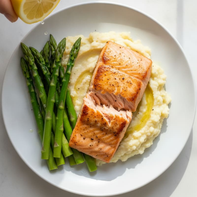 Seared Salmon with Steamed Asparagus and Cauliflower Mash