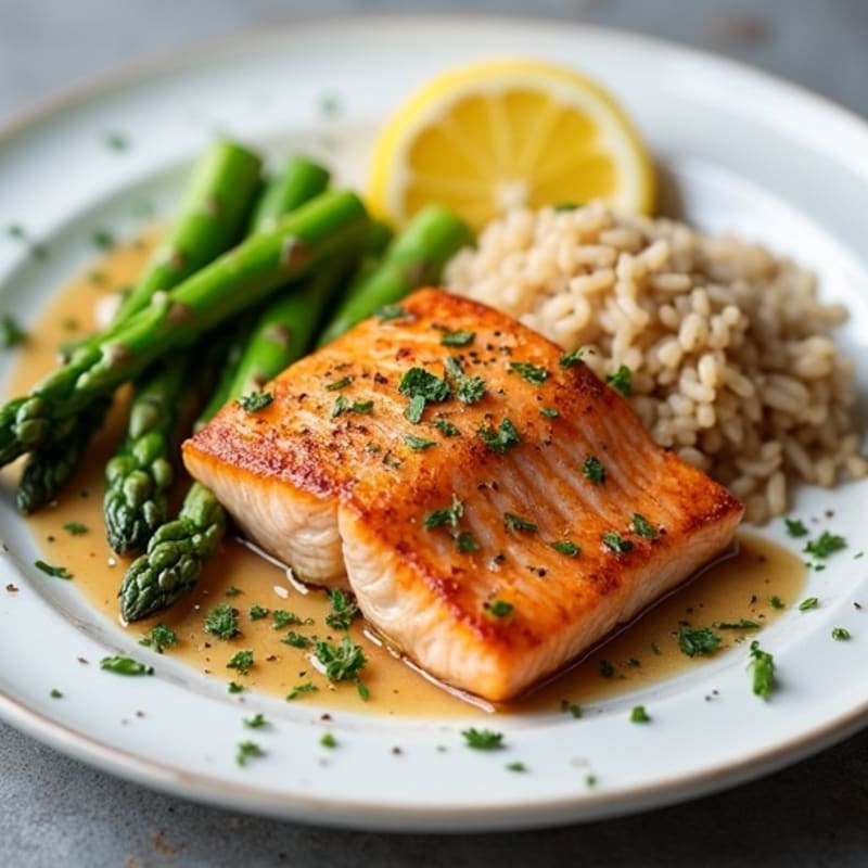 Seared Salmon with Steamed Asparagus and Brown Rice