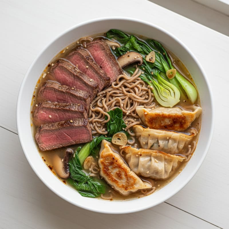 Tender Seared Steak and Crispy Dumpling Ramen