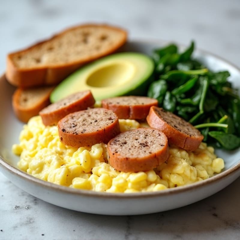 Egg White Scramble with Turkey Sausage and Sautéed Spinach