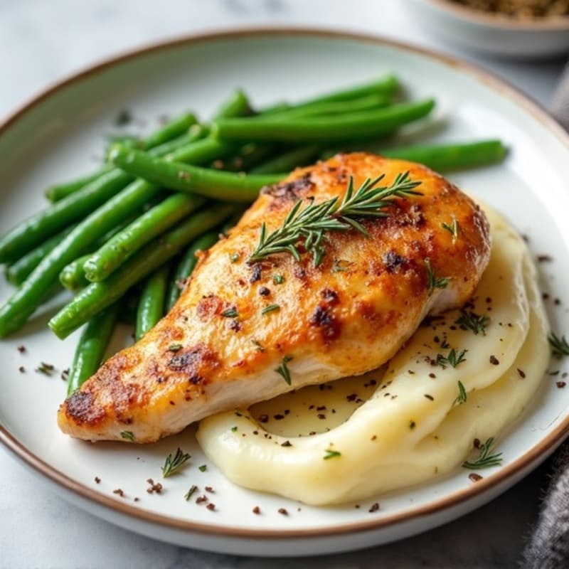 Herb Roasted Chicken with Creamy Buttery Garlic Mashed Potatoes and Crispy Green Beans
