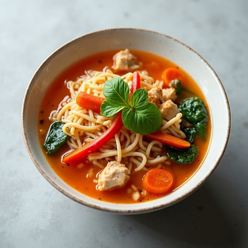 Spicy Sriracha Chicken and Fresh Vegetable Noodle Soup