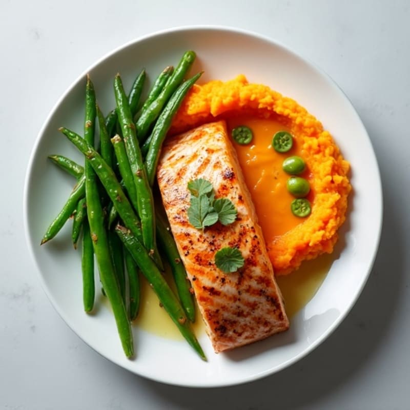 Seared Salmon Filet with Garlic Green Beans and Sweet Potato Mash