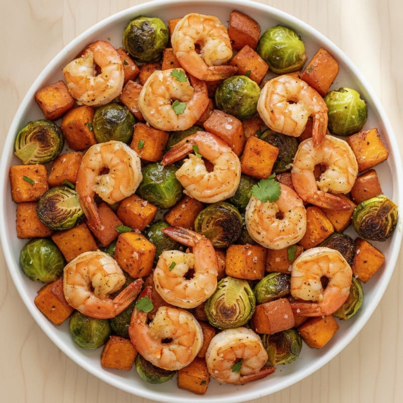 Garlic Shrimp with Roasted Sweet Potatoes and Brussels