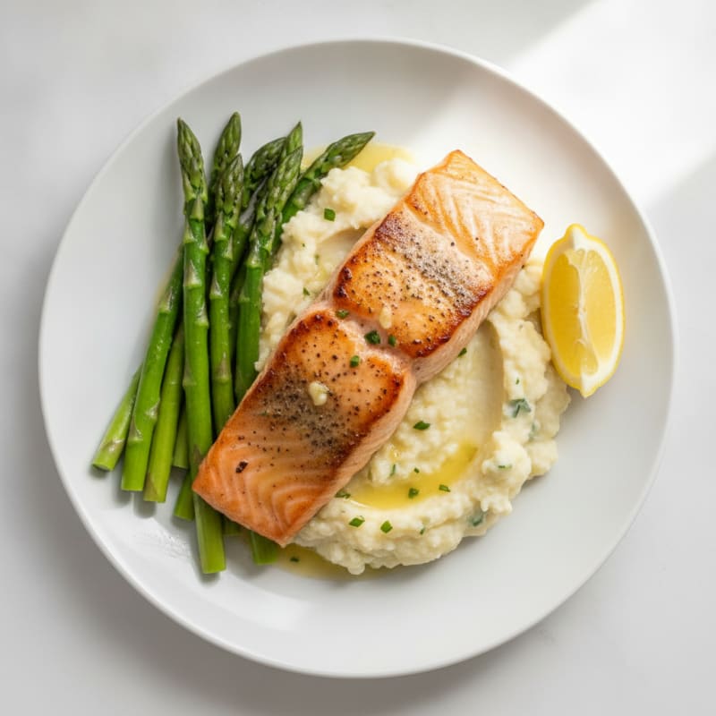 Seared Salmon Fillet with Steamed Asparagus and Cauliflower Mash