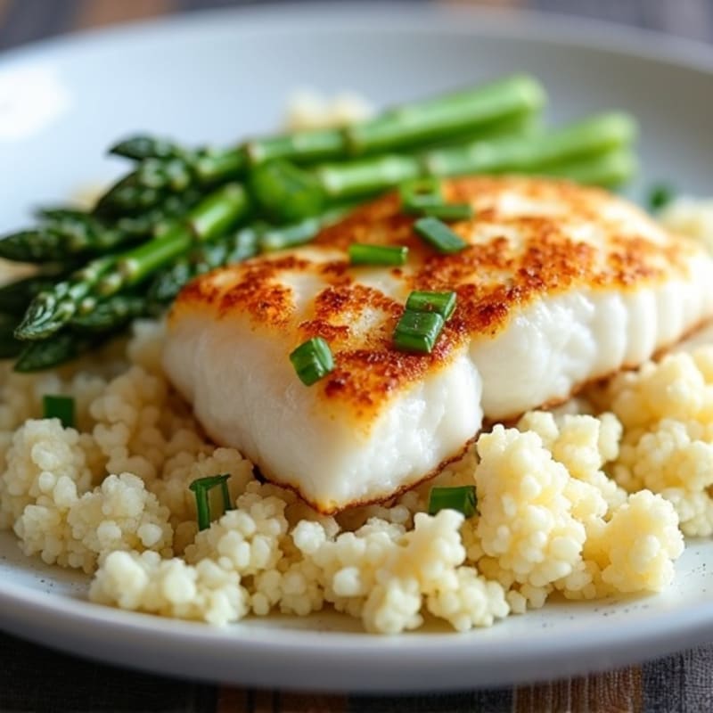Seared Cod with Roasted Asparagus and Cauliflower Rice