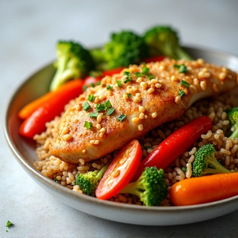 Crispy Chicken and Fresh Vegetable Stir-Fry with Brown Rice