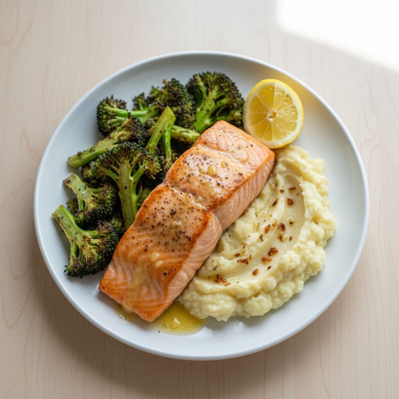 Seared Salmon Fillet with Roasted Broccoli and Garlic Mashed Cauliflower