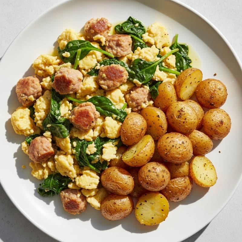 Chicken Sausage and Spinach Scramble with Roasted Potatoes