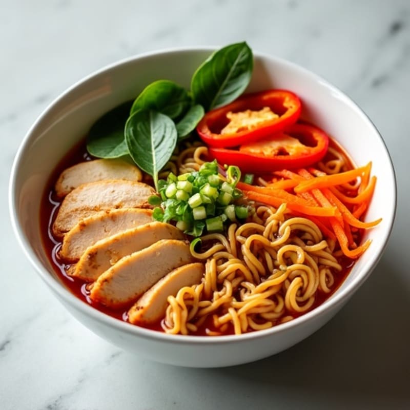 Spicy Sriracha Chicken Ramen Bowl with Fresh Vegetables