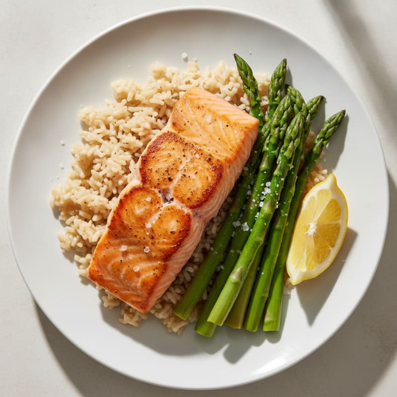 Seared Salmon with Steamed Asparagus and Brown Rice