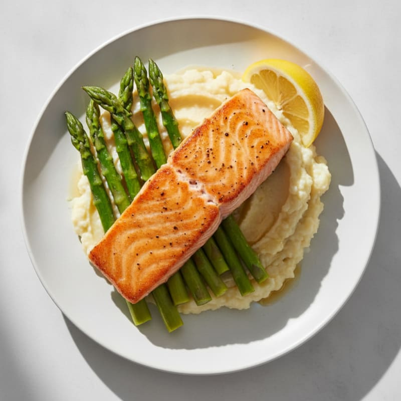 Seared Salmon with Steamed Asparagus and Cauliflower Mash