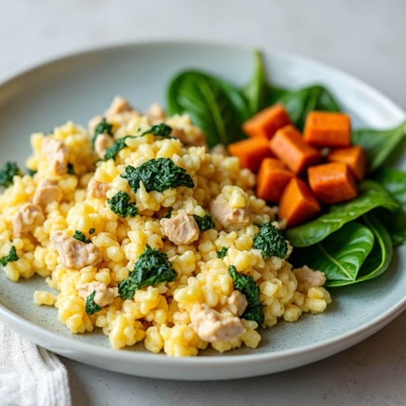 Egg White and Turkey Spinach Scramble with Roasted Sweet Potato