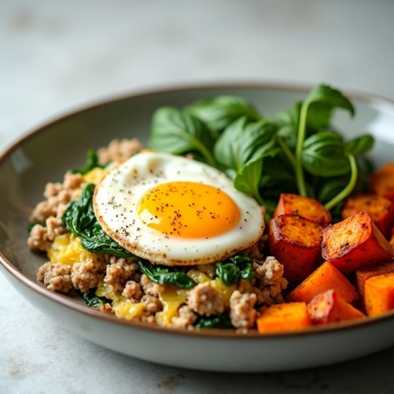 Egg White and Ground Turkey Scramble with Spinach and Roasted Sweet Potato