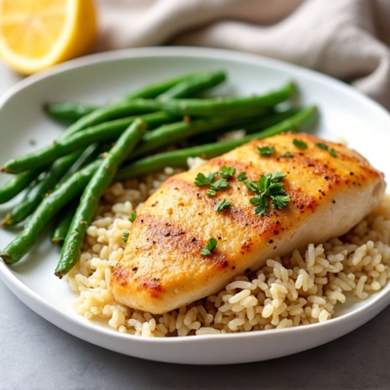 Lemon-Garlic Pan-Seared Chicken with Brown Rice and Roasted Green Beans