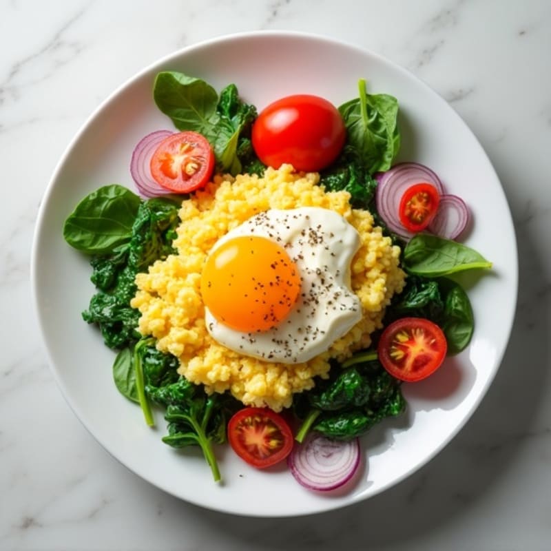 Fluffy Protein Egg Scramble with Sautéed Spinach