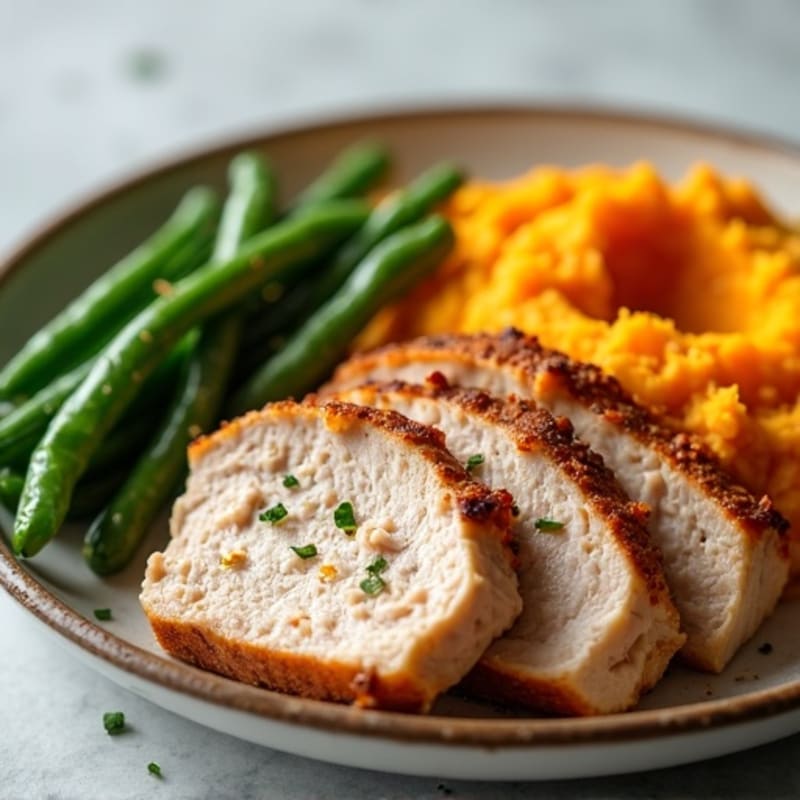 Seared Turkey Tenderloin with Steamed Green Beans and Sweet Potato Mash