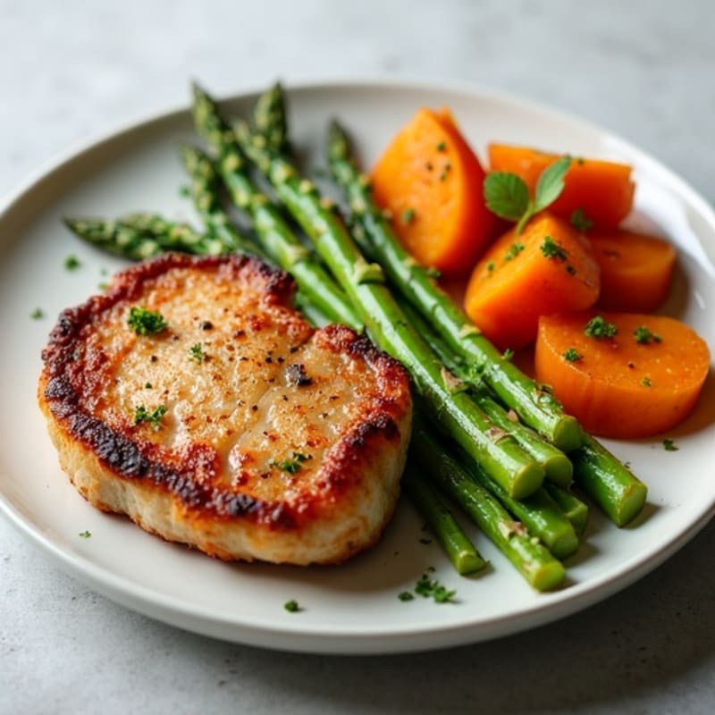 Crispy Pan-Seared Pork Chops with Roasted Asparagus and Sweet Potatoes