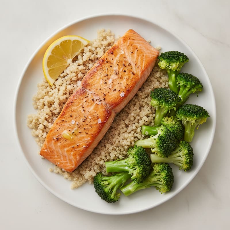 Seared Salmon with Steamed Broccoli and Quinoa