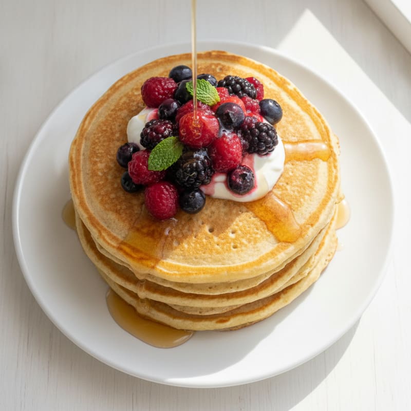 Fluffy Buttermilk-Style Protein Pancakes with Berry Compote