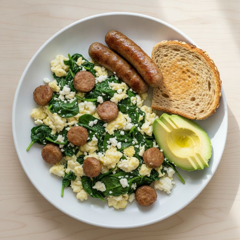 Egg White Scramble with Turkey Sausage and Sautéed Spinach