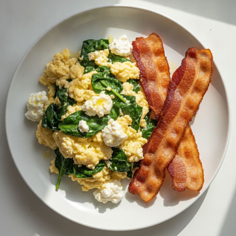 Cottage Cheese Egg Scramble with Spinach and Turkey Bacon