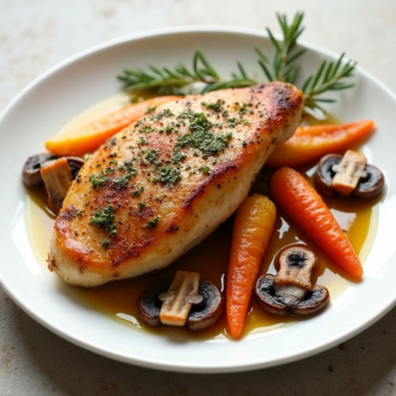 Herb-Roasted Chicken Breast with Caramelized Mushrooms and Rainbow Carrots