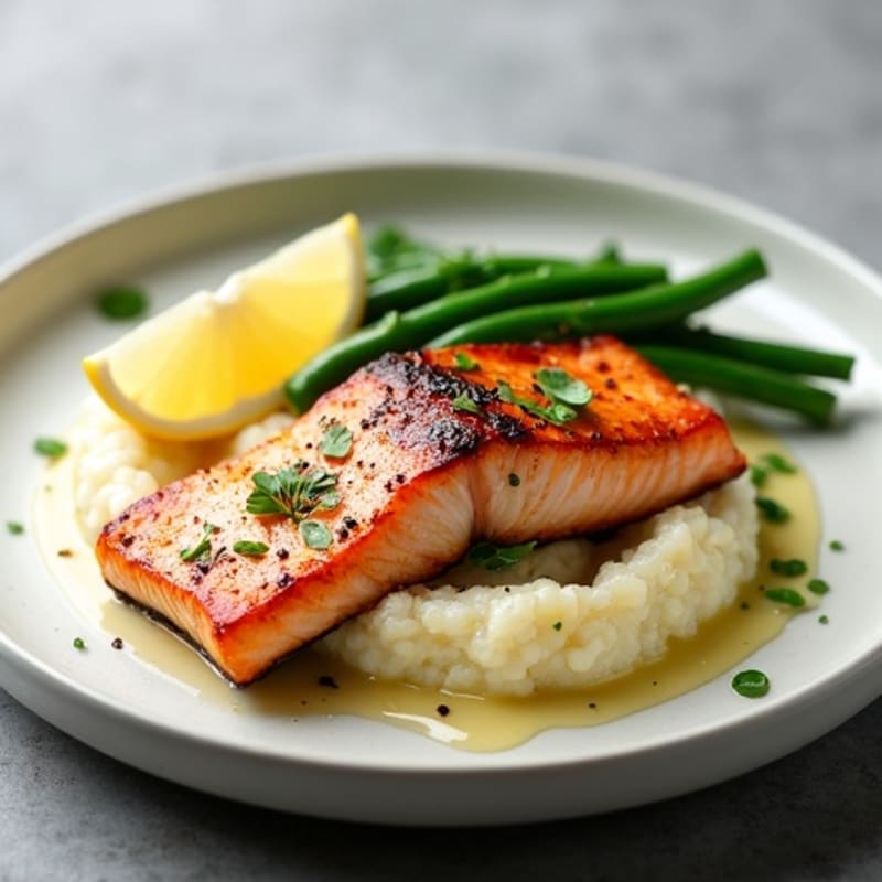 Seared Salmon with Garlic Green Beans and Cauliflower Mash