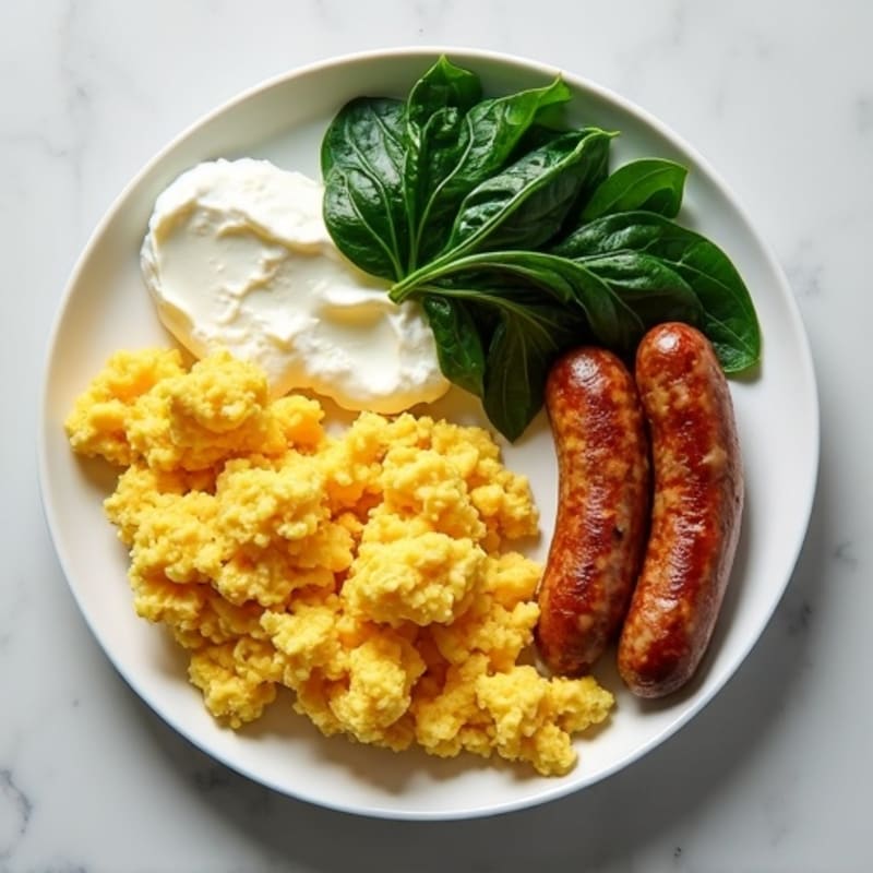 Egg White and Turkey Sausage Scramble with Cottage Cheese and Sautéed Spinach